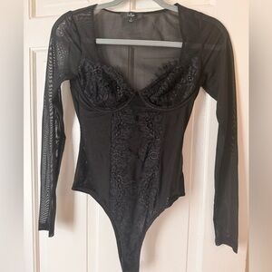 Lulu's Black Lace Long-Sleeve Mesh Bodysuit